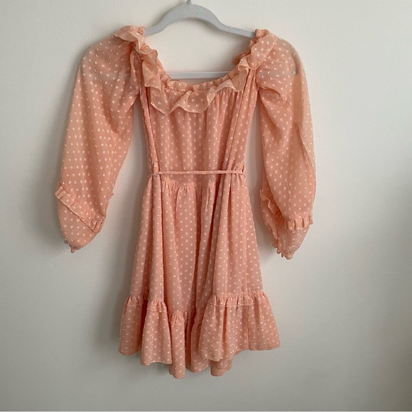 Indikah Peach Dot Balloon Sleeve Off the Shoulder Tie Waist Dress - Picture 2 of 3